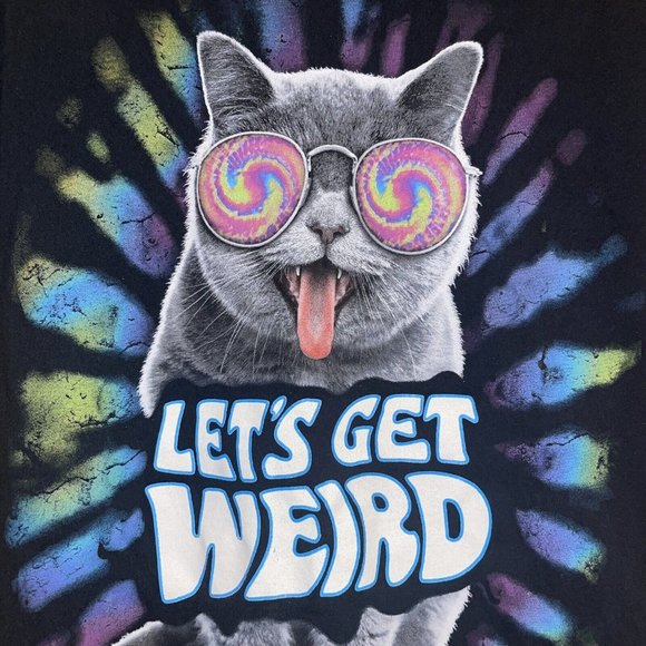 DOM Lets Get Weird Cat T-Shirt Small Black Graphic Psychadelic Multicolor Casual - Picture 1 of 8